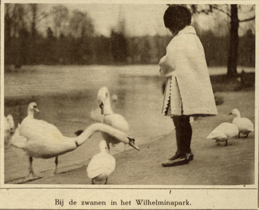 870017 Afbeelding van een meisje dat de zwanen voert bij de vijver in het Wilhelminapark te Utrecht.